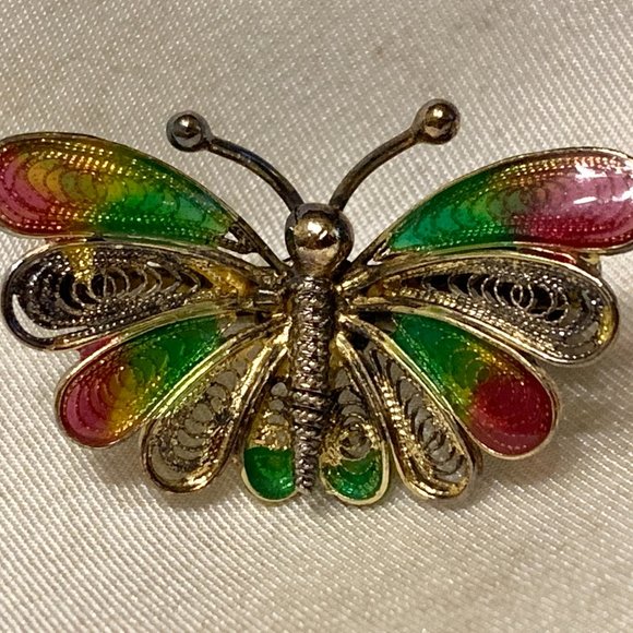 💝Vintage Vermeil Filigree Silver Buttefly Brooch 800 - Picture 2 of 5